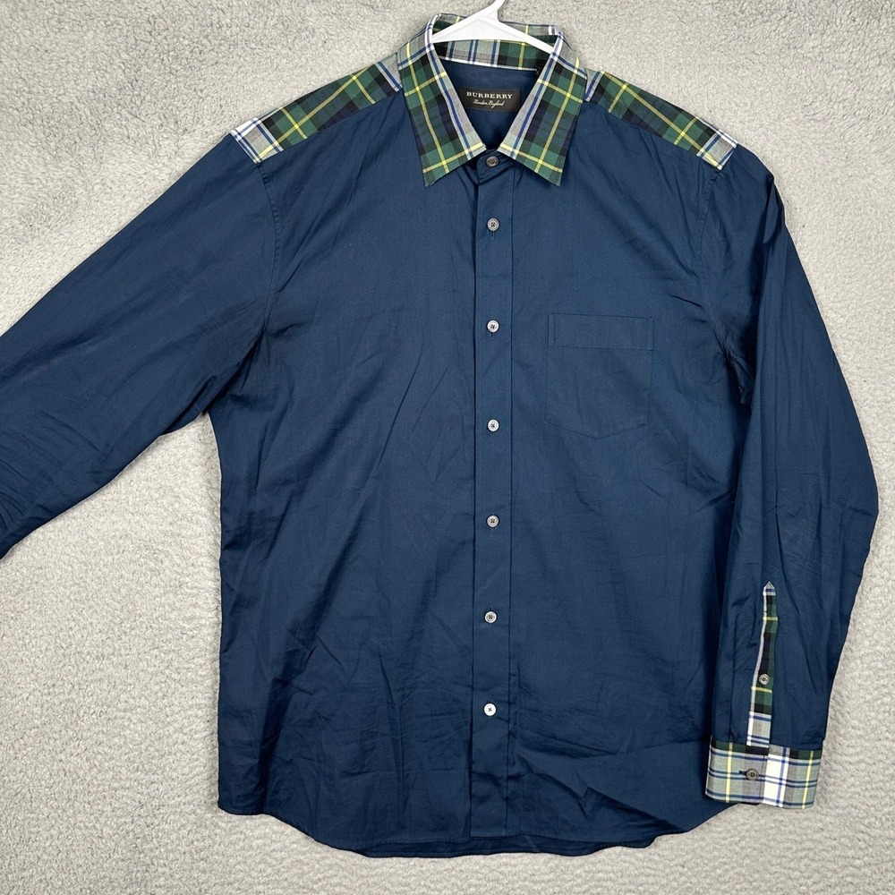 Burberry Shirt Mens XL Navy Blue Plaid Contrast Yoke Button Up Long Sleeve EUC